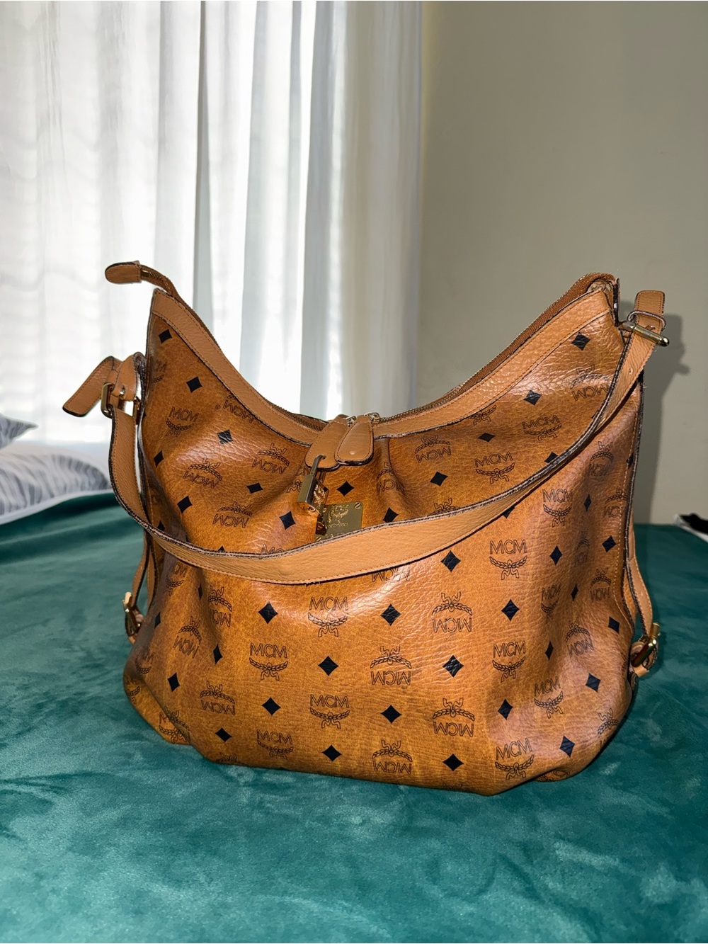 MCM Visetos Cognac Logo Hobo Shoulder Bag